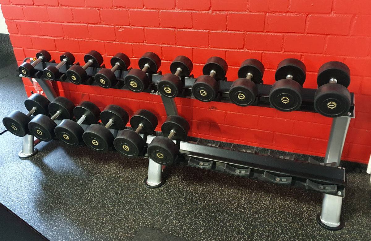 Life Fitness dumbbell set, rubberized, 2 kg to 40 kg in 2 kg and 2.5 kg increments, used