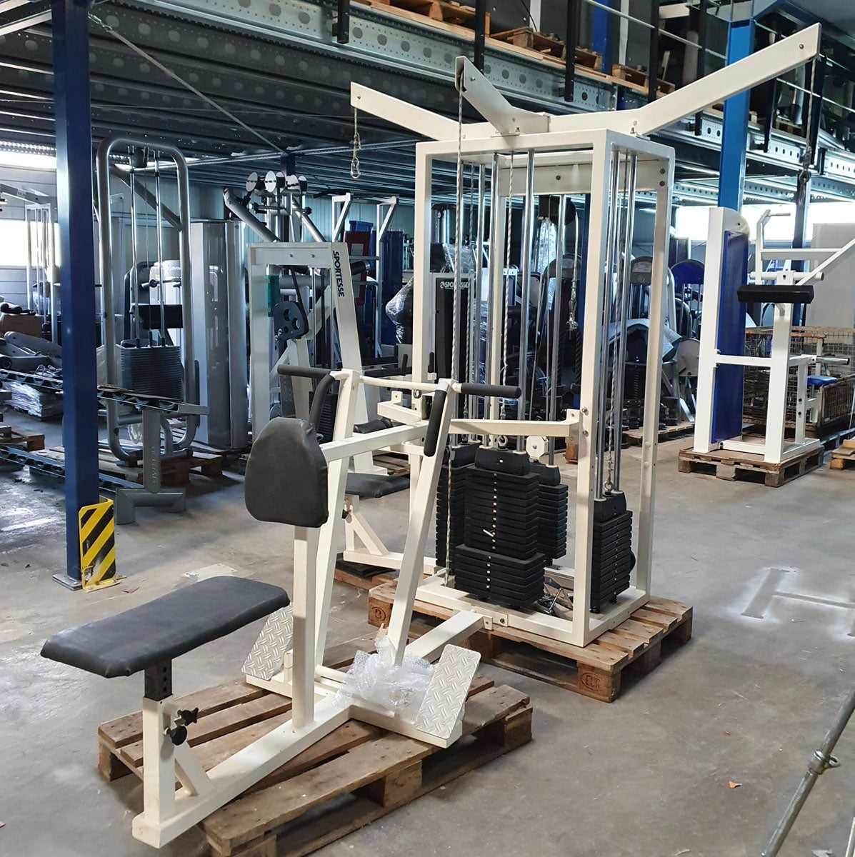 Sportesse 4 station tower, 4 stack multi station, large weight blocks, frame color white, used - tested condition