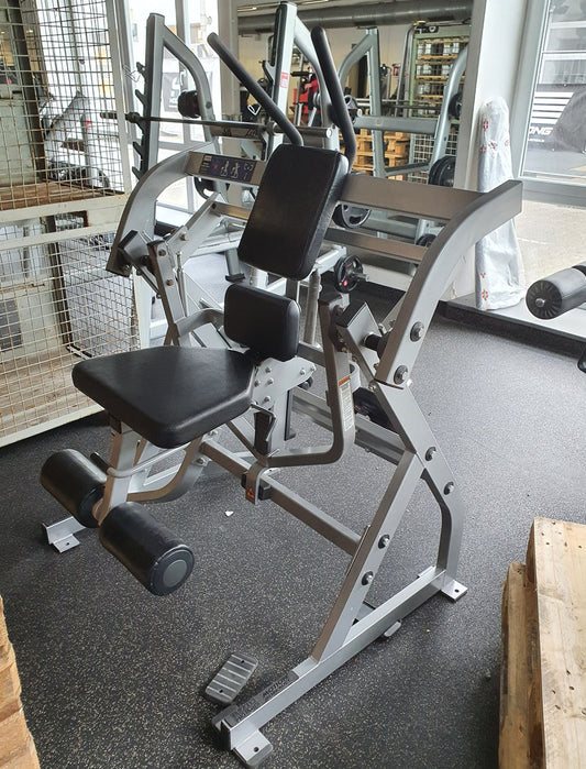 Hammer Strength Bauchmaschine, Klappmesser, Abdominal Oblique Crunch PL-AB, Plate loaded, Rahmenfarbe Silber, Polsterfarbe Schwarz, gebrauchter - überholter Zustand