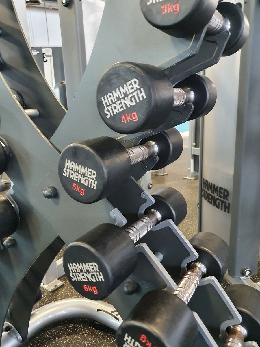 Hammer Strength Chrome Rubber Dumbbell Set 1-10kg incl. Stand X Optics, frame color matte gray-black, used condition