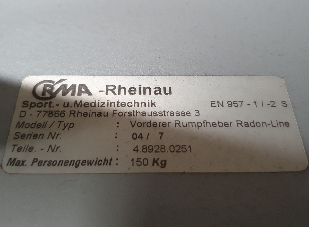 RMA front torso lift, adjustable abdominal bench, abdominal crunch bench, frame color silver-grey, upholstery color blue, used - refurbished condition