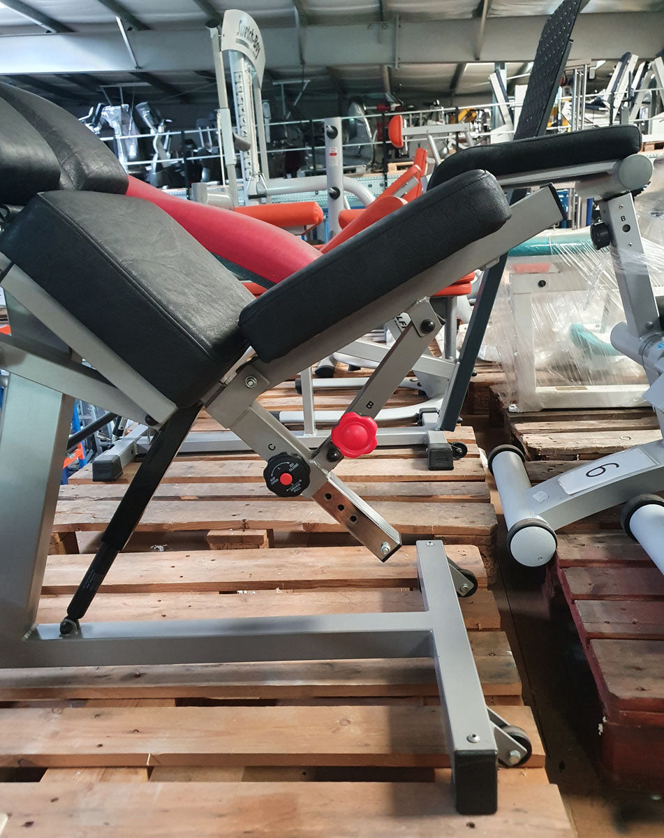 Norsk/Sanimed back extension bench, 45 degrees, hyperextension, adjustable, frame color gray/silver, upholstery color black, used - refurbished condition