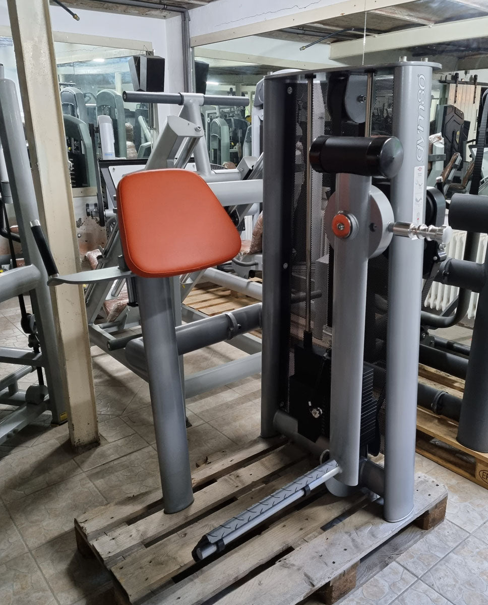 Gym80 Pomaschine stehend, Gluteusmaschine, Glutes Kick Radial, Sygnum Serie, Rahmen Silber, Polster Orange, gebraucht - überholter Zustand