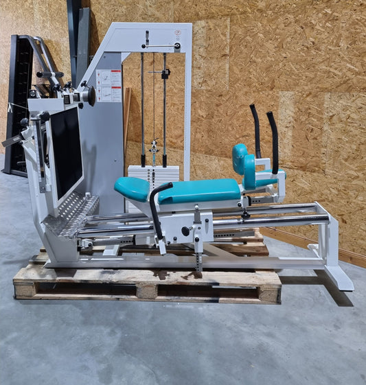 Kaphingst Funktionsstemme, verstellbare Beinpresse, mit Kippkreisel, MPG, Rahmenfarbe Weiß, Polsterfarbe Türkis, gebraucht - überholter Zustand