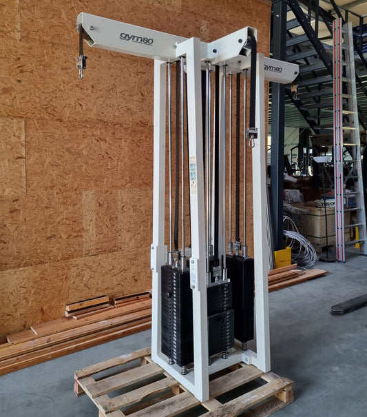 Gym80 - 4 Stationenturm mit Gurtband, 4 Stack Multi Station, große Gewichtsblöcke, Rahmenfarbe Weiß, Polsterfarbe Türkis, gebraucht - überholter Zustand
