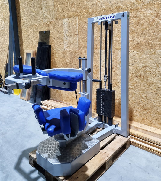 SVG Rumpfrotator - Rotationsmaschine - seitliche Bauchmuskeln, Rahmenfarbe Silber, Polsterfarbe Blau,  gebraucht - überholter Zustand