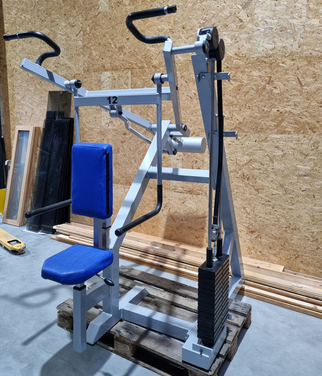 SVG Schulterblattfixator / Stützstemme - Latzug und Dips - Kombigerät 2 in 1, Rahmenfarbe Grau, Polsterfarbe Blau, gebraucht - überholter Zustand