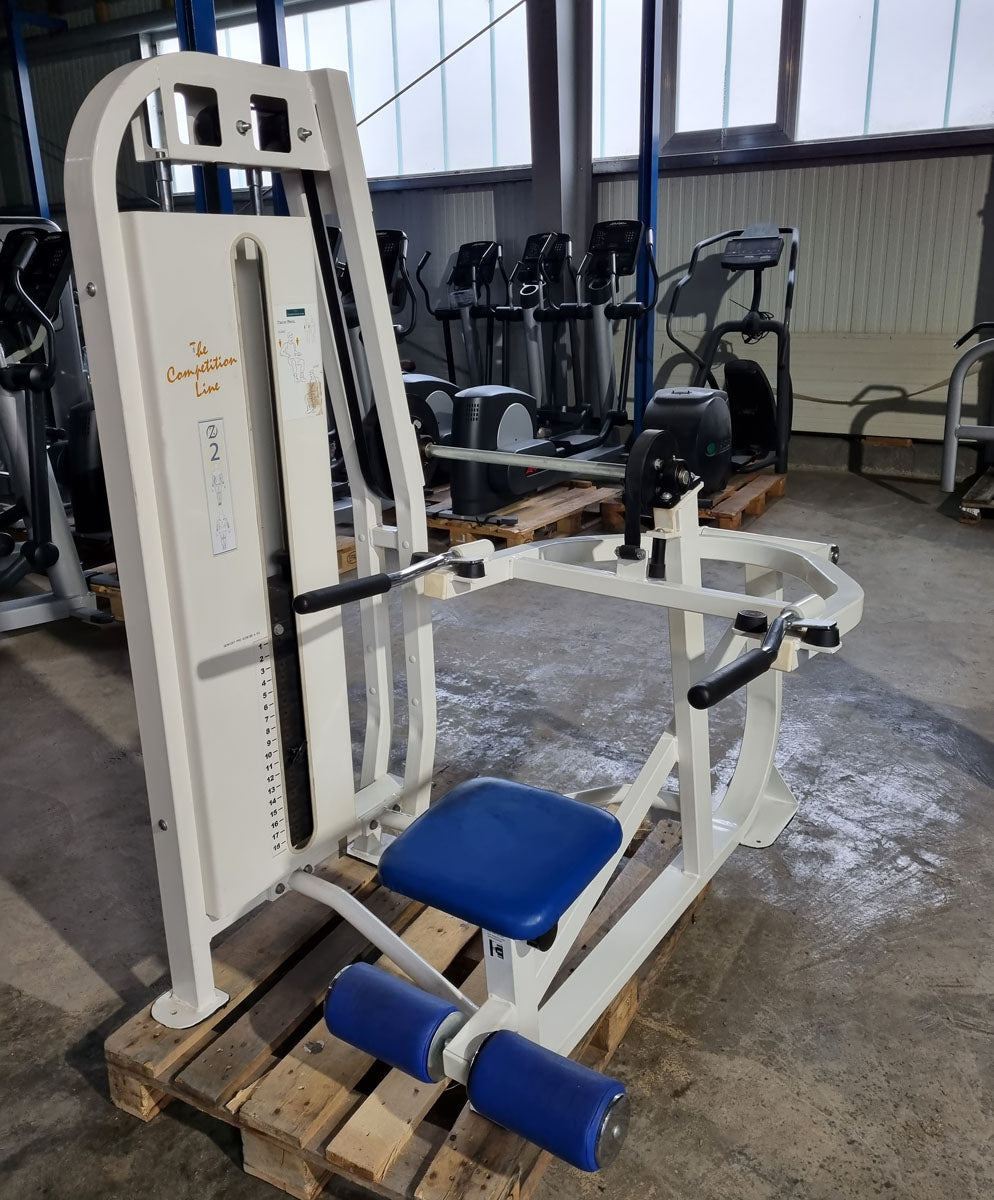 Competition Line Triceps Machine Dip, Triceps Extension Dip, frame color white, upholstery color blue, used - refurbished condition