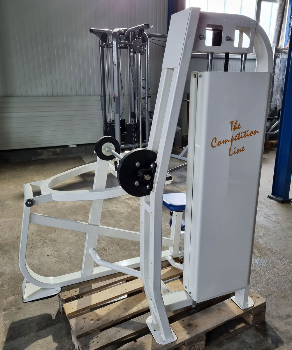 Competition Line Triceps Machine Dip, Triceps Extension Dip, frame color white, upholstery color blue, used - refurbished condition
