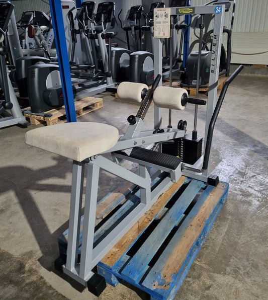 Technogym Seated Calf Sitting Wadenmaschine sitzend, Sitting Calf, Silverline, Oldschool, Rahmenfarbe Silber, gebraucht mit Gebrauchsspuren