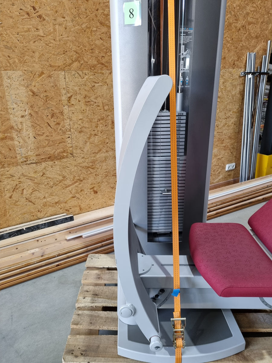 Frei Genius Eco Funktionsstemme - verstellbare Beinpresse, Rahmenfarbe Silber, Polsterfarbe Rot, gebraucht - überholter Zustand
