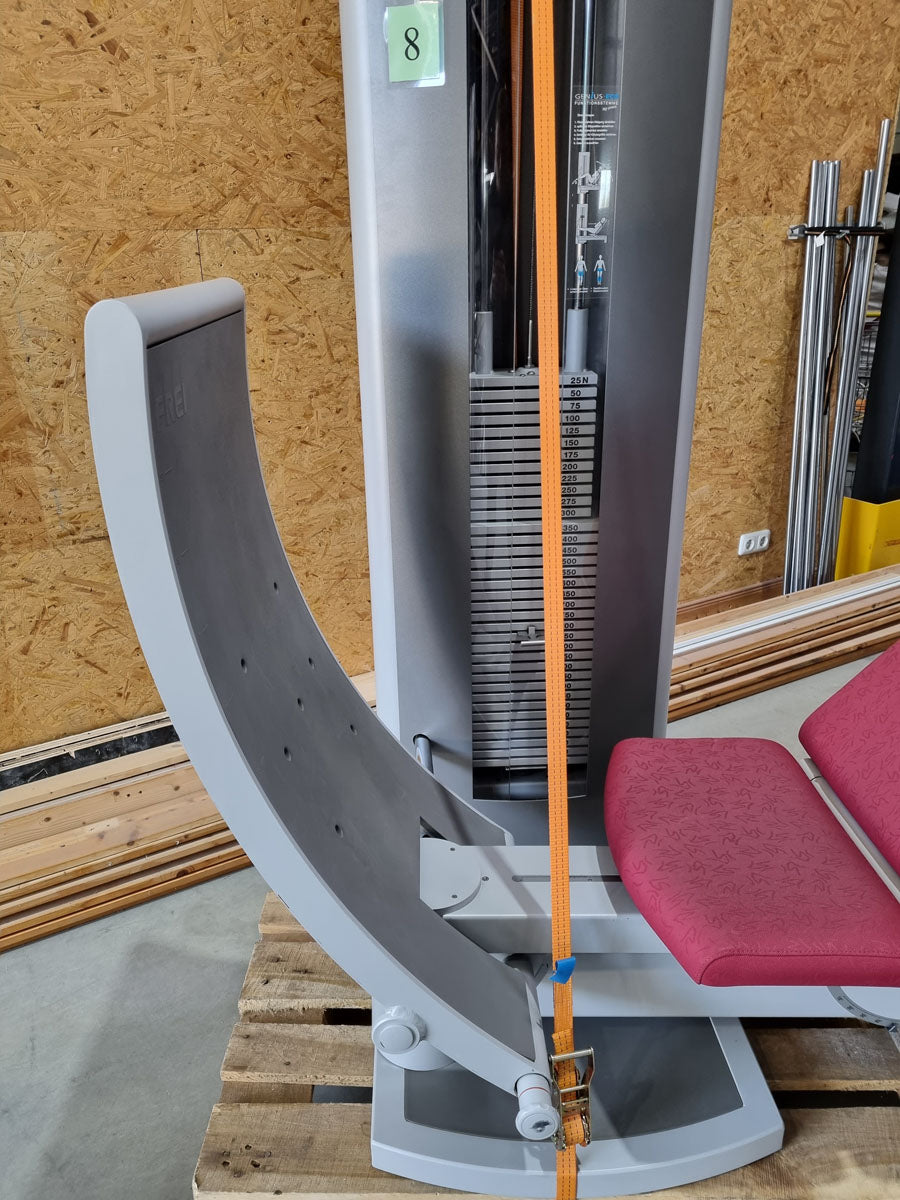Frei Genius Eco Funktionsstemme - verstellbare Beinpresse, Rahmenfarbe Silber, Polsterfarbe Rot, gebraucht - überholter Zustand