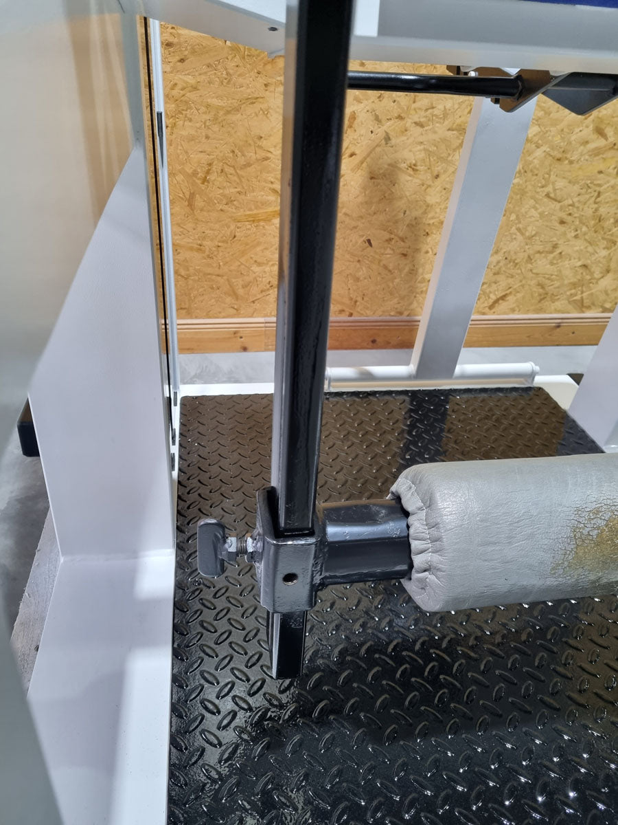 Schnell Beinstrecker und Beinbeuger sitzend im Set 2 Geräte - Neu lackiert - Leg Curl und Leg Extension, Rahmenfarbe Weiß, Polsterfarbe Blau, gebraucht - überholter Zustand