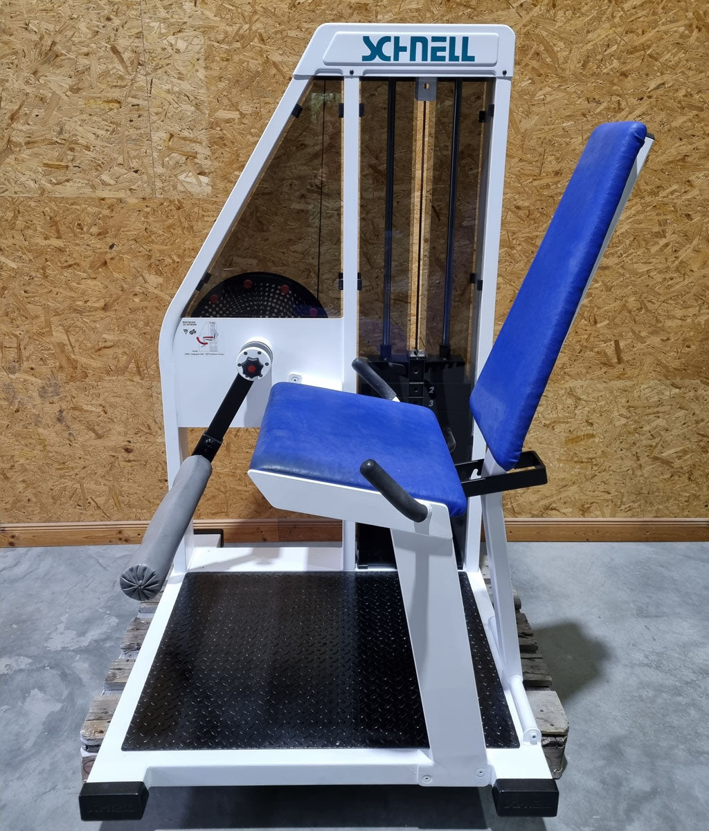 Schnell Beinstrecker und Beinbeuger sitzend im Set 2 Geräte - Neu lackiert - Leg Curl und Leg Extension, Rahmenfarbe Weiß, Polsterfarbe Blau, gebraucht - überholter Zustand