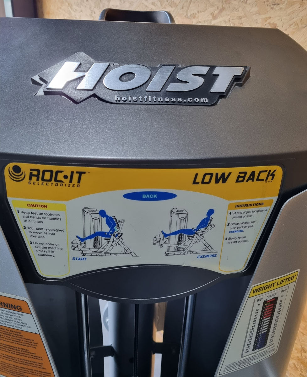 Hoist Roc-IT Low Back RS1204, Lower Back, Rückenstreckermaschine, Unterer Rücken, Roc IT Selectorized Serie mit Steckgewichten, Vorgänger vom RS-2204, Rahmenfarbe Silber, gebraucht - überholter Zustand