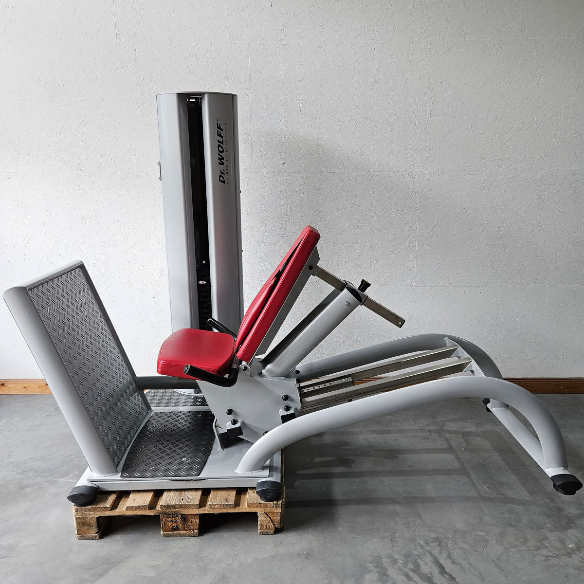 Dr. Wolff Beinpresse 806 Variante XS - extra platzsparend gebaut, ähnlich Funktionsstemme, Gerät aus Präventions-Park, Rahmenfarbe Silber, gebrauchter - überholter Zustand