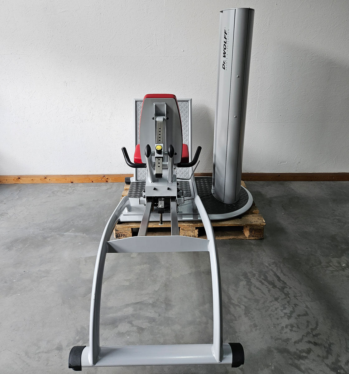 Dr. Wolff Beinpresse 806 Variante XS - extra platzsparend gebaut, ähnlich Funktionsstemme, Gerät aus Präventions-Park, Rahmenfarbe Silber, gebrauchter - überholter Zustand