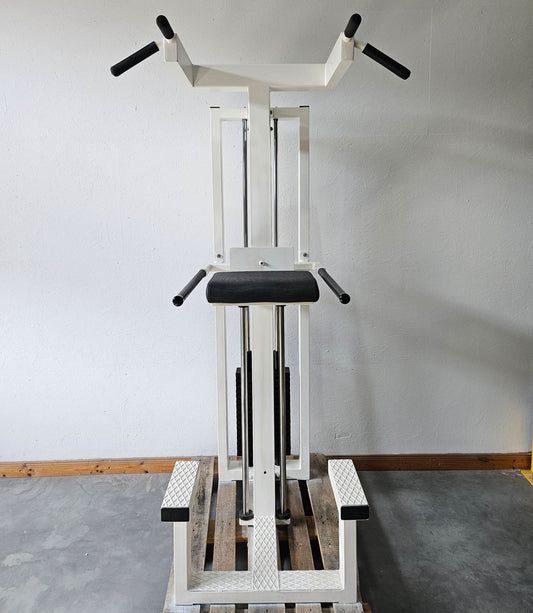 L+K Dip-Klimmzugmaschine mit Gewichtsunterstützung, Dip-Chin, Oldschool, Rahmen Weiß, gebraucht mit Gebrauchsspuren