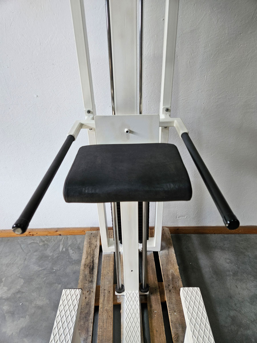 L+K Dip-Klimmzugmaschine mit Gewichtsunterstützung, Dip-Chin, Oldschool, Rahmen Weiß, gebraucht mit Gebrauchsspuren