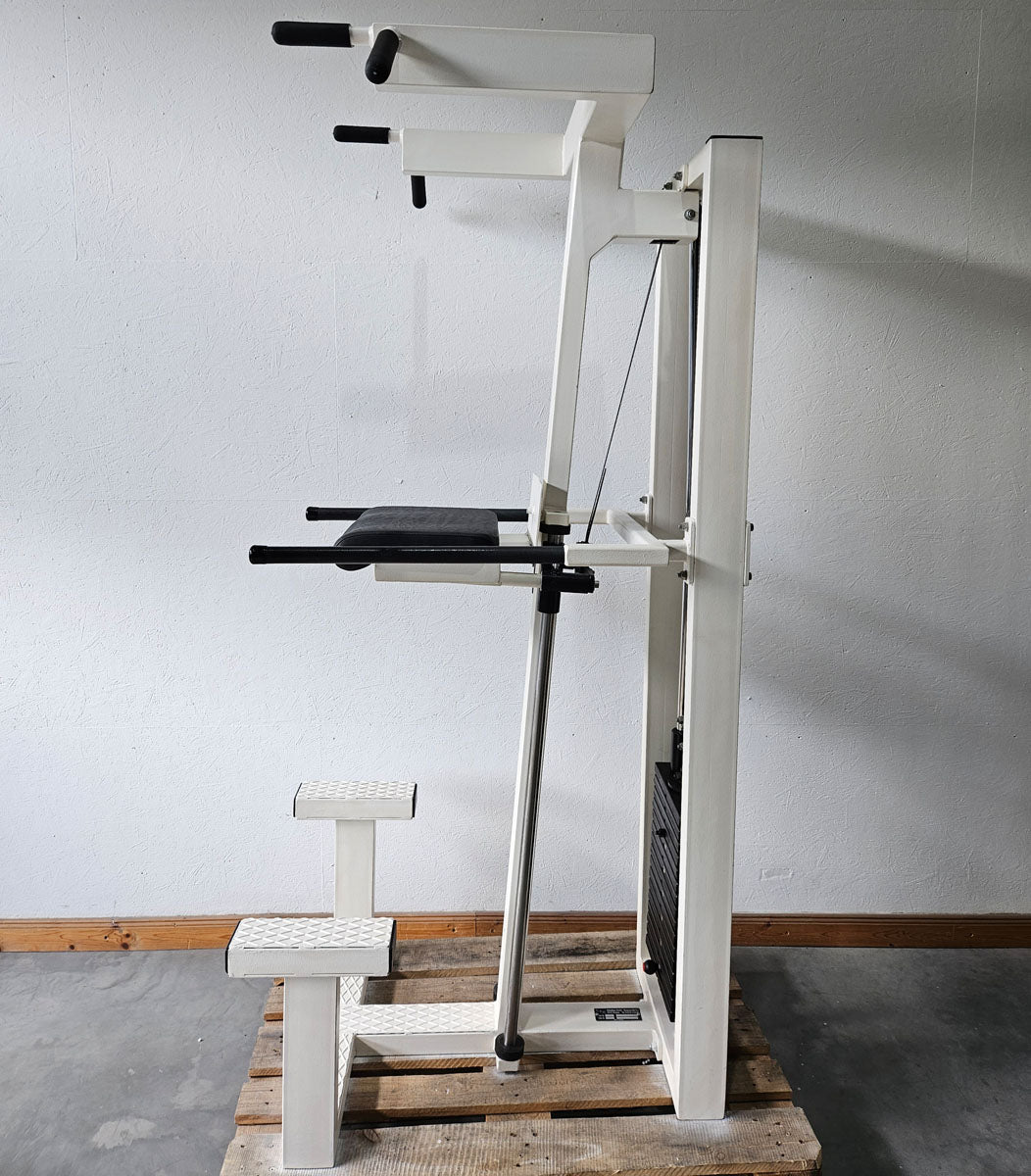 L+K Dip-Klimmzugmaschine mit Gewichtsunterstützung, Dip-Chin, Oldschool, Rahmen Weiß, gebraucht mit Gebrauchsspuren
