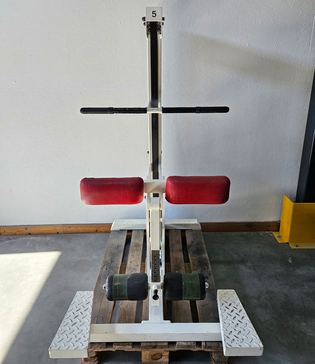 Gym80 Gluteusmaschine stehend, Glute Raiser, Pomaschine, Oldschool Bodybuilding Kraftgerät - Edition oder Classic Line, Rahmen Weiß, gebraucht mit Gebrauchsspuren