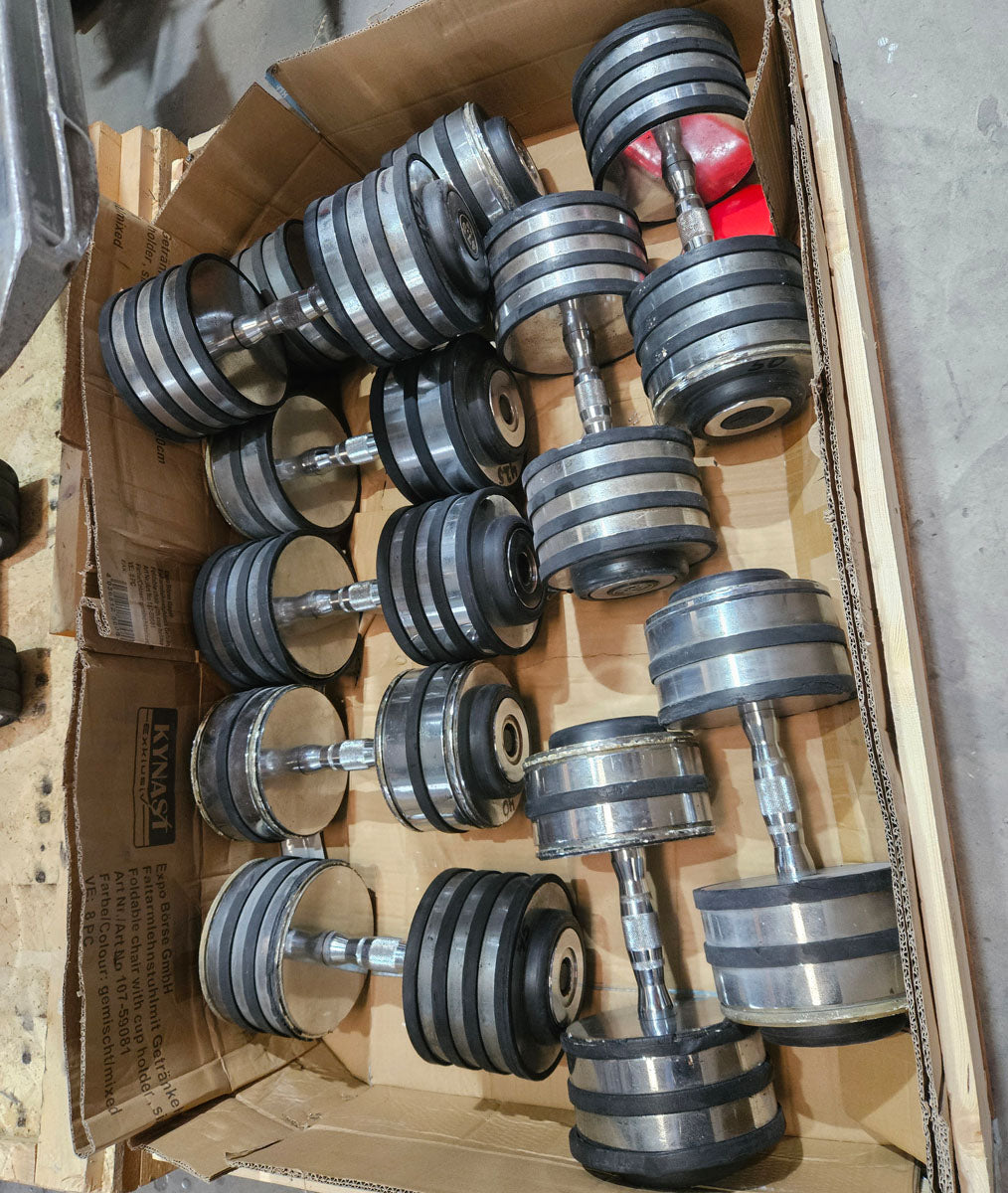 Kurzhantelsatz aus Guss bzw Chrom von 40 bis 50kg in 2,5kg Stufen ( 5 Paare ) Oldschool, gebraucht - mit Gebrauchsspuren