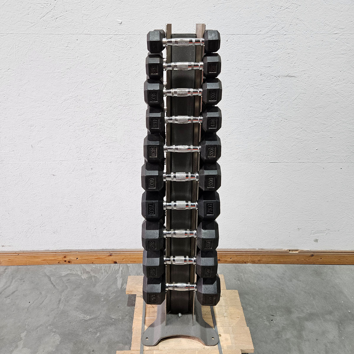 Gummi HEX Hantelsatz Paare 1-10kg, 10 Paare inkl. Ständer von Gymleco, Rahmenfarbe Anthrazit, Hexagonal Kurzhanteln, gebraucht mit Gebrauchsspuren