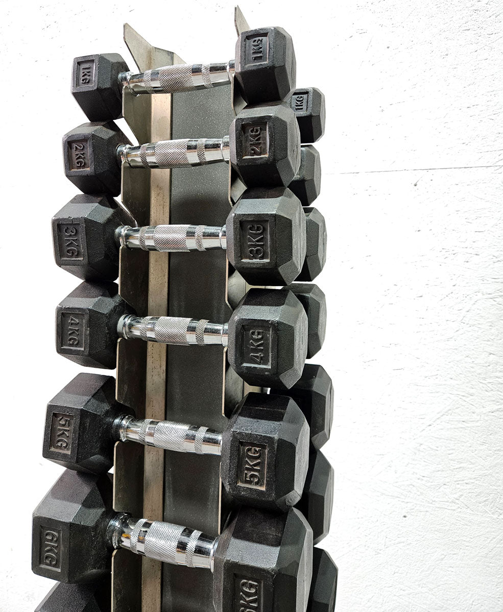 Gummi HEX Hantelsatz Paare 1-10kg, 10 Paare inkl. Ständer von Gymleco, Rahmenfarbe Anthrazit, Hexagonal Kurzhanteln, gebraucht mit Gebrauchsspuren