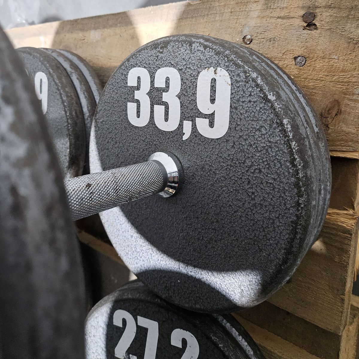 6 Kurzhanteln Paare aus Guss, 340kg gesamt, verschiedene Größen, Casall Sweden, Hammerschlag, gebraucht mit Gebrauchsspuren