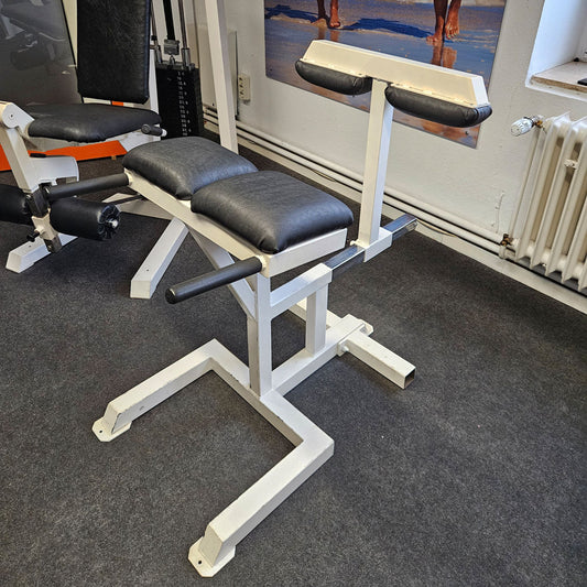 Rückenstreckerbank 90° Hyperextension verstellbar zum training der unteren Rückenmuskulatur, Oldschool Bodybuilding, Rahmenfarbe Weiß, gebraucht und geprüft mit Gebrauchsspuren
