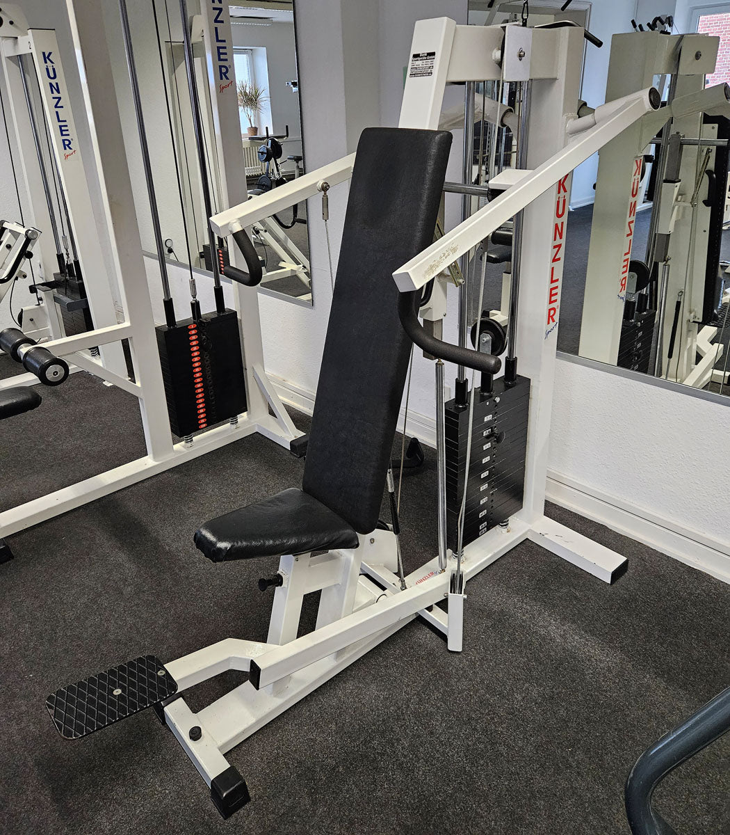 Künzler Schulterpresse Bilateral, Overheadpress, Shoulder Press, Einstiegshilfe, Oldschool Bodybuilding Kraftgerät, Rahmenfarbe Weiß, gebraucht und geprüft mit Gebrauchsspuren