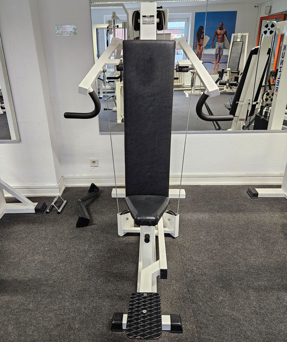 Künzler Schulterpresse Bilateral, Overheadpress, Shoulder Press, Einstiegshilfe, Oldschool Bodybuilding Kraftgerät, Rahmenfarbe Weiß, gebraucht und geprüft mit Gebrauchsspuren
