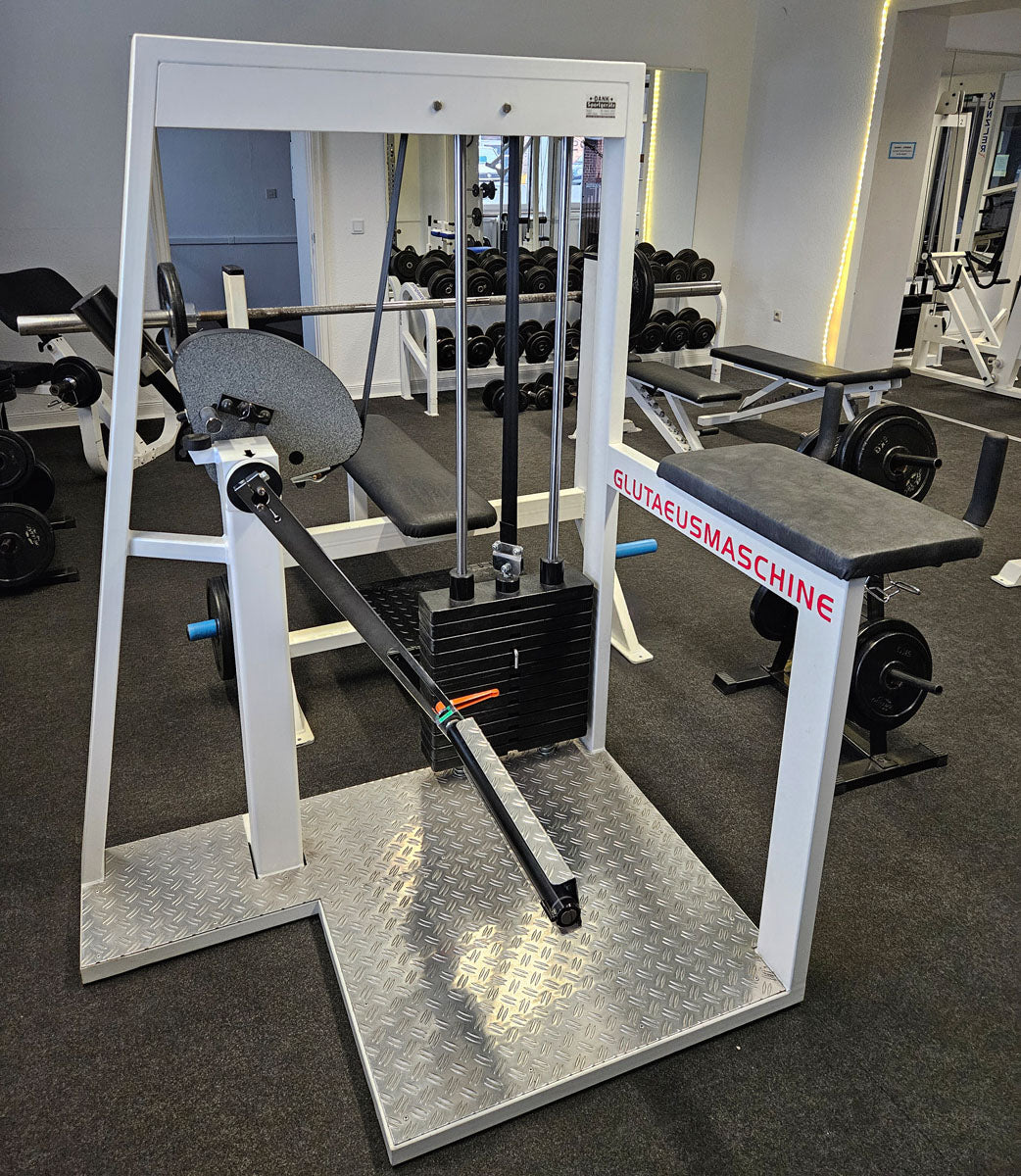 Joschko Pomaschine, Gluteusmaschine stehend, verstellbar, Glute, Rahmenfarbe Weiß, gebraucht - geprüfter Zustand mit kleinen Gebrauchsspuren