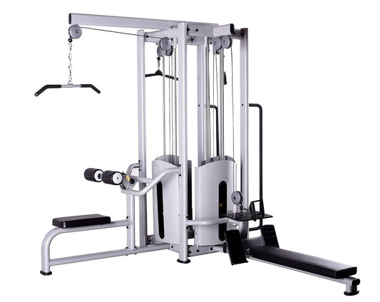 DankSport 4 Stationenturm, 4 Stack Multi Station Tower, 1x Latzug, 1x Rudern, 1x Seilzug von Oben, 1x Kabelzug höhenverstellbar - 120 und 100kg Gewichtsblöcke - Silber und Schwarz - NEU