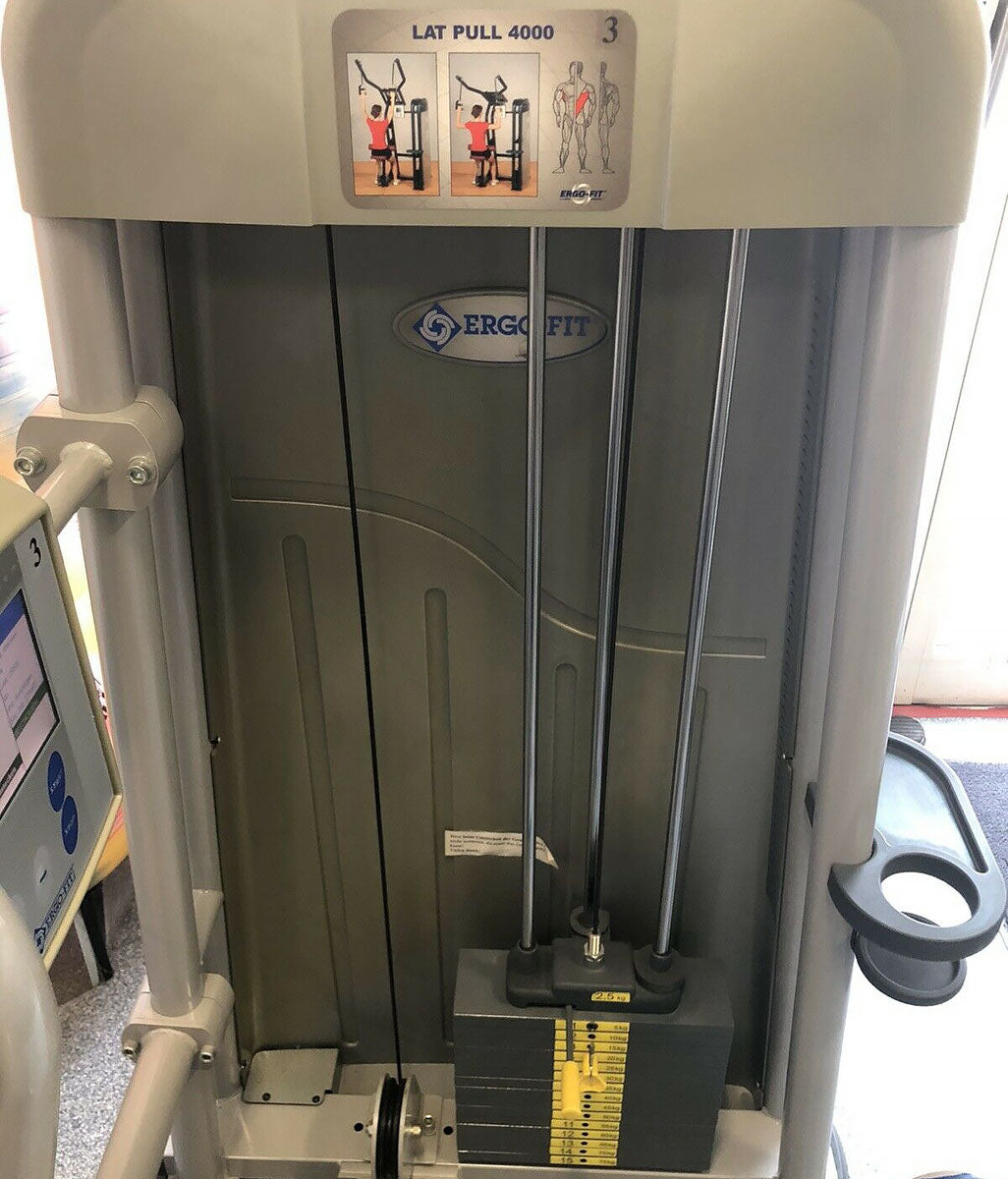 Ergo-Fit top-loading lat pulldown machine, Lat Pull 4000 series, rotating handles, blue upholstery, used - refurbished condition