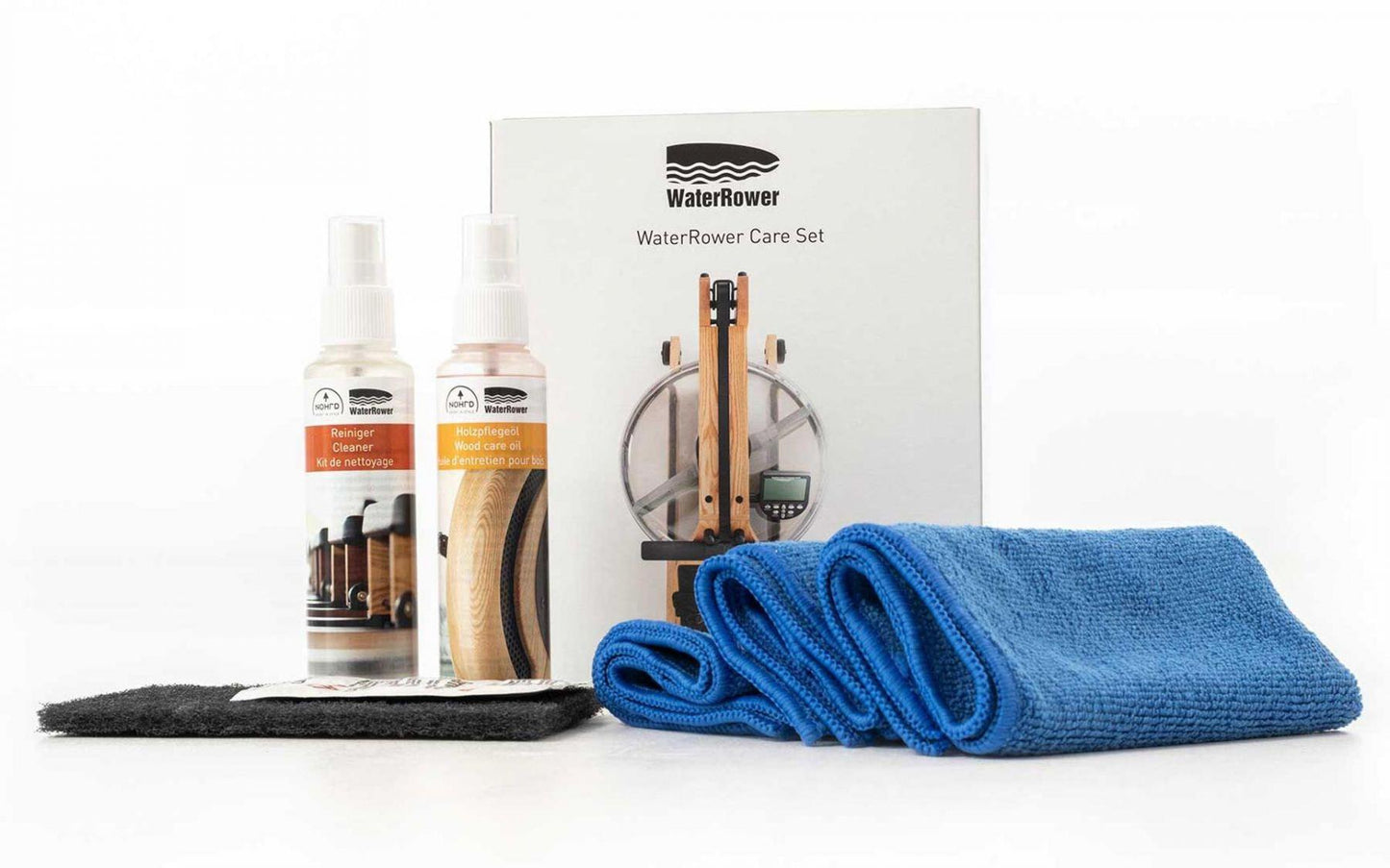 WaterRower Pflege-Set mit Reinigungsmitteln und Tuch.