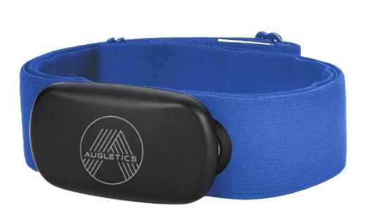 Blauer Fitnessgurt mit Augletics-Logo auf schwarzem Sensor.