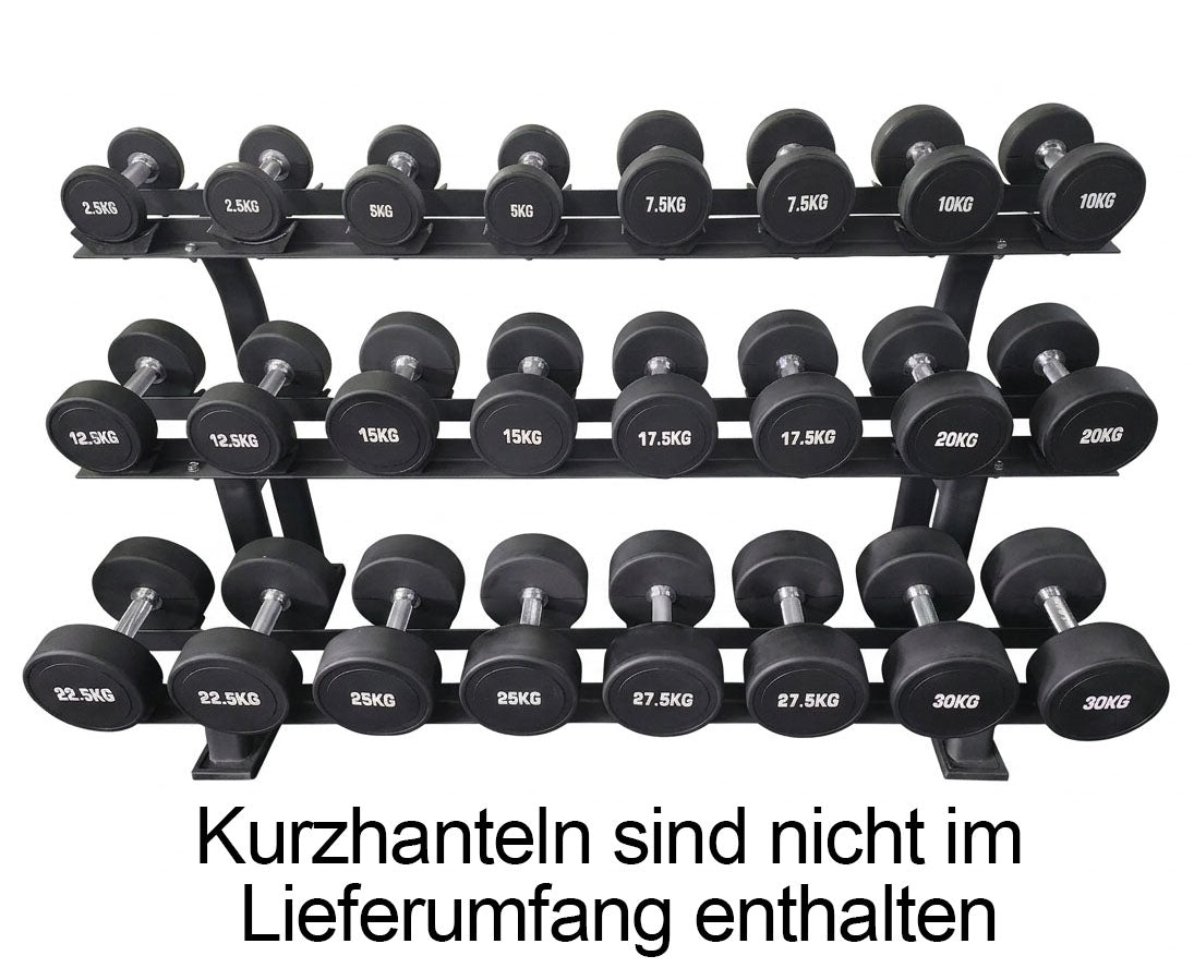 Ablage für Kurzhantelsätze, 3 Reihig für 12 Paare, extra platzsparend, Ständer / Regal für Hanteln, mit Ablageschalen, DankSport, Farbe Schwarz - NEU