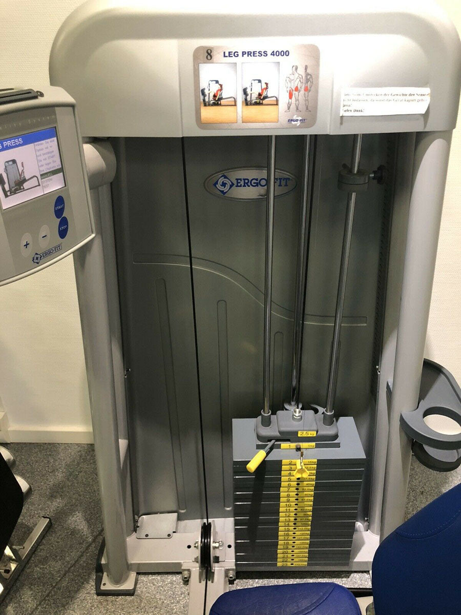 Ergo-Fit Beinpresse, verstellbare Leg Press, 172,5kg Gewichtsblock, Polster Blau, gebrauchter - überholter Zustand
