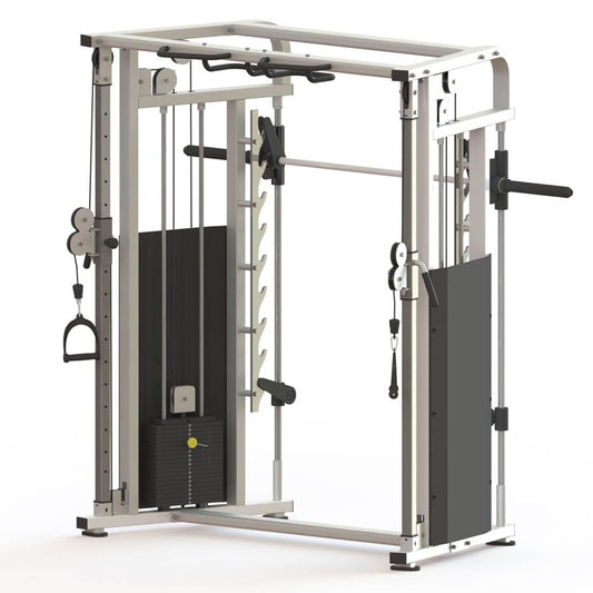 DankSport Enger Doppel Kabelzug höhenverstellbar und Multipresse geführt - 2 in 1 Kombigerät - Dual adjustable Cable Pulley and Smith Machine - 2x 100kg Gewichtsblöcke - Silber - NEU