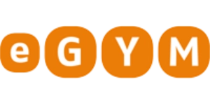 eGYM Logo auf orangefarbenem Hintergrund, Thema Fitnessgeräte.
