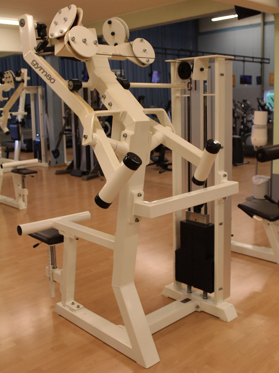 Gym80 Latzug Dual, Rückenzugmaschine Bilateral, Edition Line, Rahmen Weiß, Polsterfarbe Dunkelbraun, gebraucht - überholter Zustand