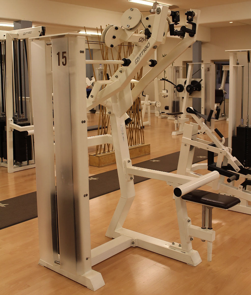 Gym80 Latzug Dual, Rückenzugmaschine Bilateral, Edition Line, Rahmen Weiß, Polsterfarbe Dunkelbraun, gebraucht - überholter Zustand