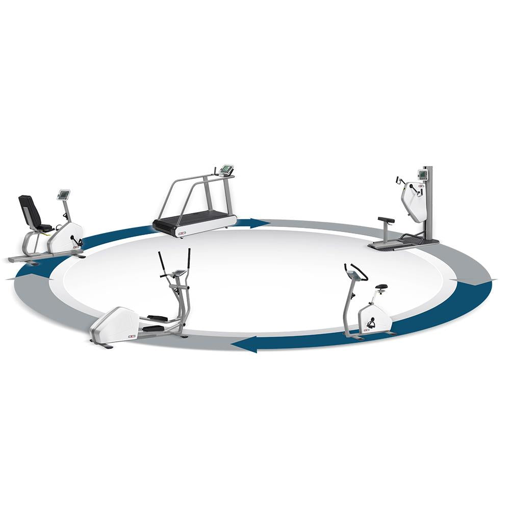 Fitnessgeräte im Kreis angeordnet, Marke: HUR.