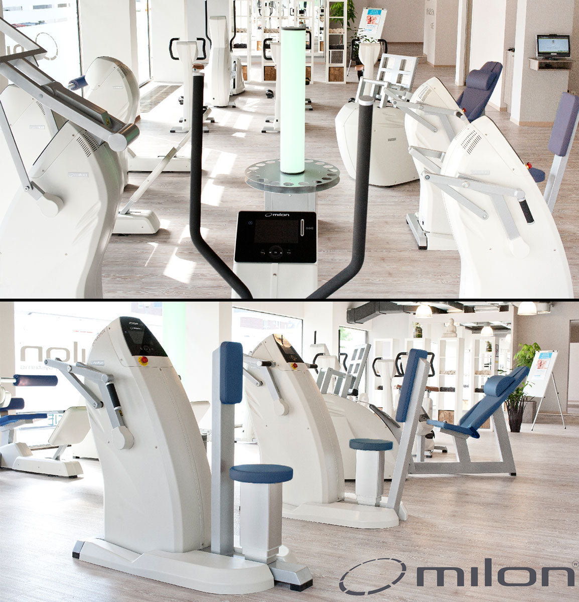 Milon Premium Kraft-Ausdauer Zirkel, Cremeweiß mit blauen Polstern, mit großer Beinpresse, guter Zustand, gebraucht und generalüberholt