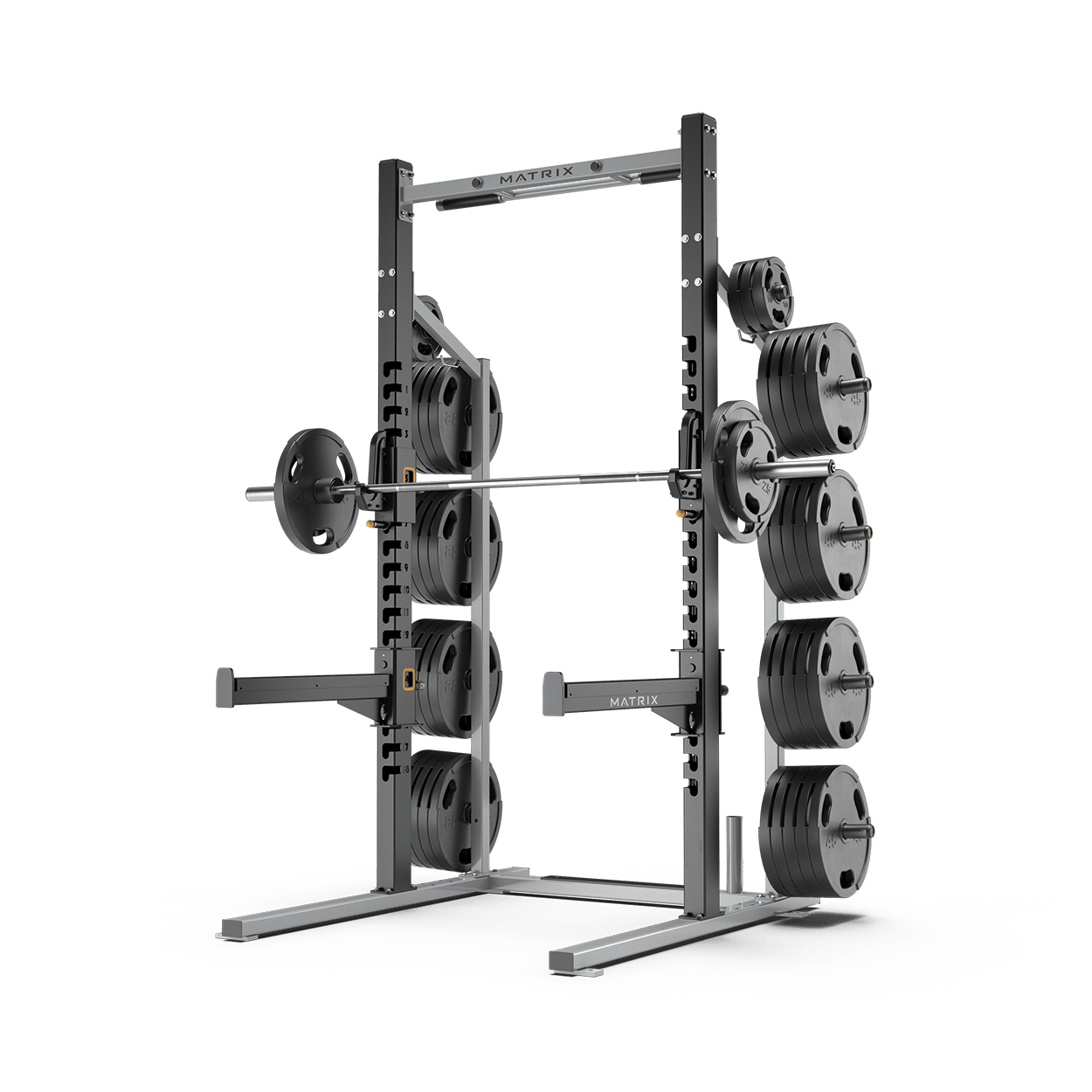 Matrix Magnum Half Rack MG-A690 with J-hooks and pull-up bar, frame color silver and black, used - tested condition