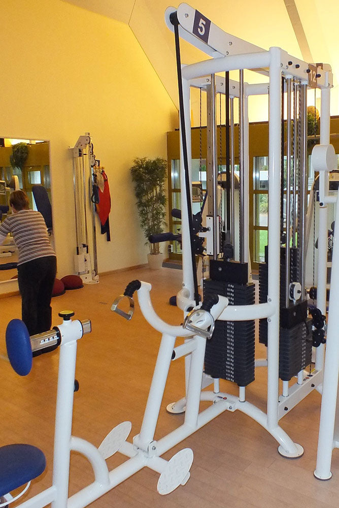 Proxomed four-station tower, 4-station tower, lat pulldown, rowing machines and 2 height-adjustable cable pulls, tower, white, used