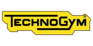 Technogym-Logo auf gelbem Hintergrund, Thema Fitnessgeräte.