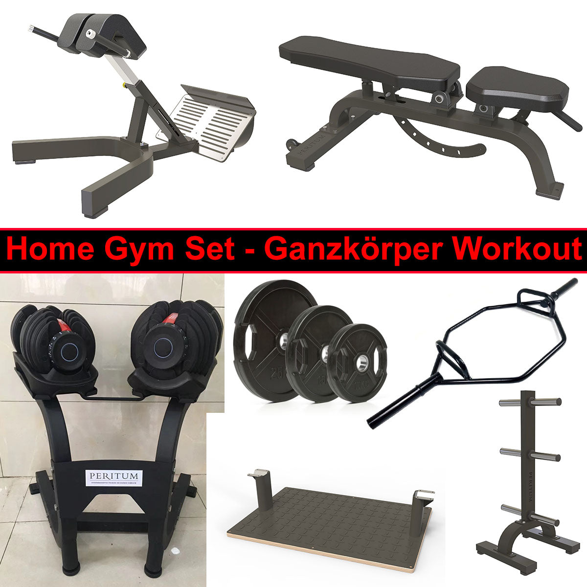 Home Gym Set - Workouts for all muscle groups - Full body workout at home - Bench, dumbbells, stands, bar, weights etc. - DankSport