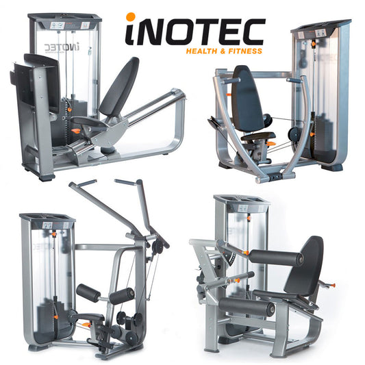 Inotec Kraftgeräteset mit 28 Fitnessgeräten, 18 Kraftgeräte, 10 Bänke und Racks, Natural Line, Silber, Polster Schwarz, gebraucht, überholter Zustand